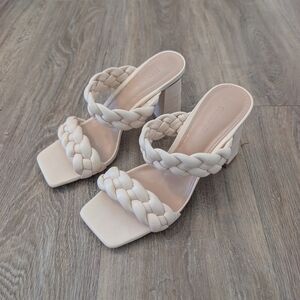 Women's Braided Heeled Sandals Backless Square Open Toe Block Slide Sandals